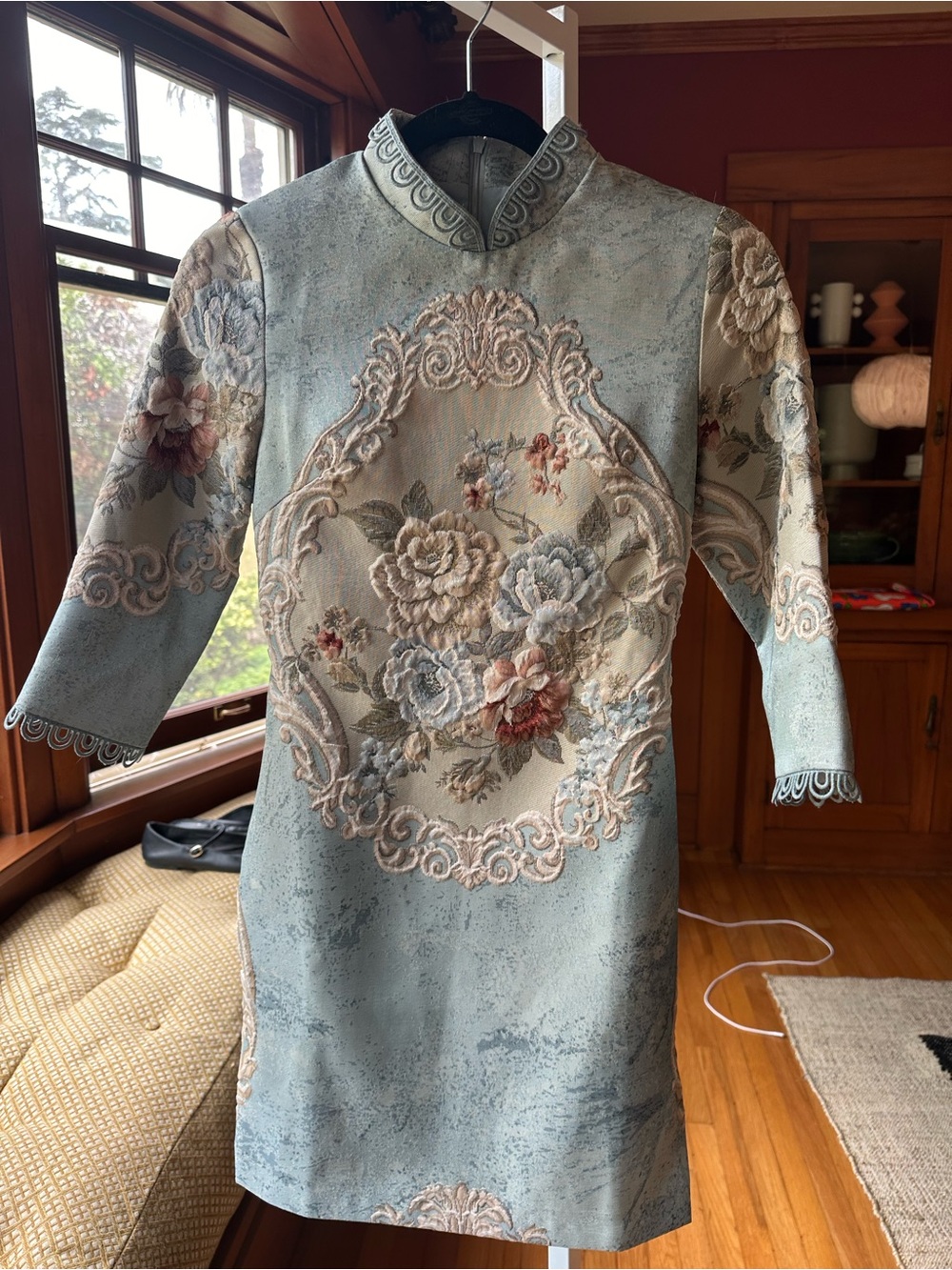 Source Unknown Light Blue Floral Jacquard Long Sleeve Dress
